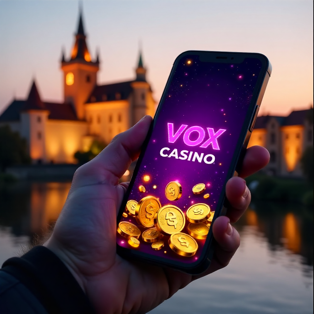 A hand holding a premium smartphone showing Vox Casino app, background featuring the Wawel Royal Castle in Krakow at golden hour, official brand neon purple and deep black colors, 3D golden coins and neon slot symbols flying out of the screen, hyper-reali